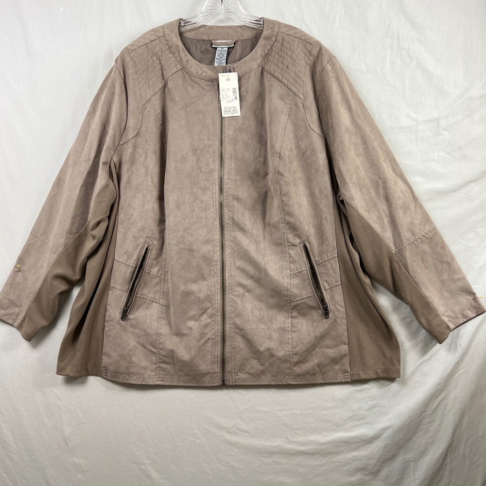 Catherines Jacket Women 4X Taupe Brown Faux Suede Full Zip Quilted Shoulder